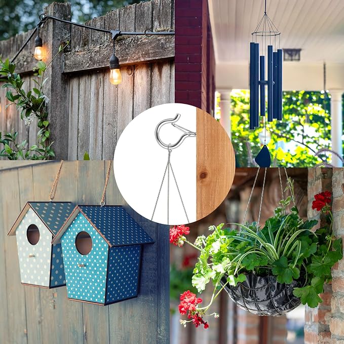FSAH 50 Pack Screw-in Hooks for Outdoor String Lights, Q Hanger Hooks for Outside, Swivel Hanging Basket Patio Hook with Safe Buckle, Plant Eye Hook for Wall Ceiling with 1 Wing Nut Driver, Silver
