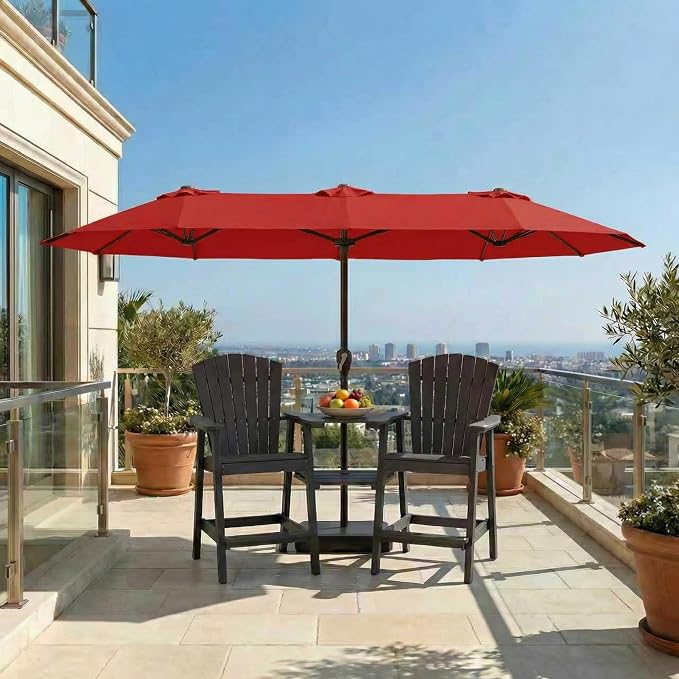 15FT Large Patio Umbrella with Base Included, Double Sided Outdoor Market Umbrella with Flexible Fiberglass Ribs, UV-Blocking Extra Large Umbrella for Garden, Pool, Deck, Red