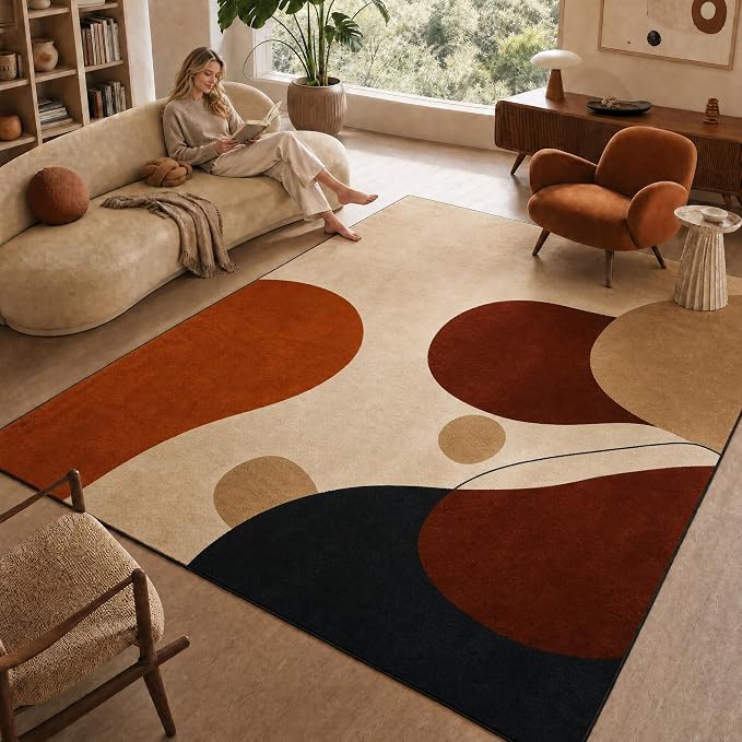 Terracotta Mid Century Modern Geometric Area Rug 5x7 Brown Abstract Rugs