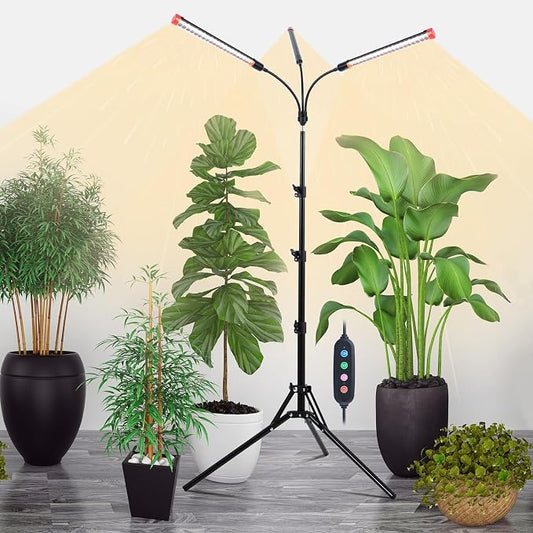 3Head Grow Light with Stand, 5-Mode Timer 4/8/12/16/20H, 27 Watt Power Home Plug LED Grow Lights for Indoor Plants for Tall Houseplants, Bonsai Tree, Seed Starting, 24"-64" Adjustable Height