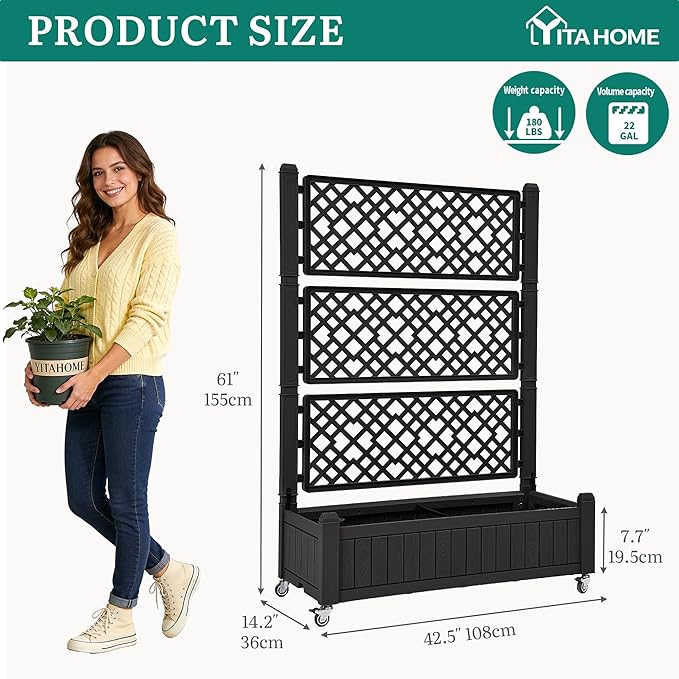 YITAHOME 43.3x17.7x61 in Planter Trellis Box with Wheels & Drain Plug, Outdoor Resin Raised Garden Bed for Climbing Plants, Large Weather-Resistant Design, Black