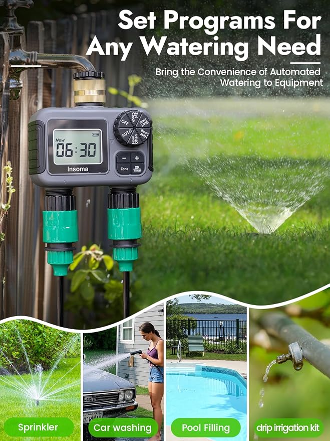 Insoma Hose Timer 2 Zones Brass Inlet, Water Timer for Garden Hose, Sprinkler Timers with Rain Delay/Manual/Auto Mode, Faucet Timers 2 Outlet for Garden Watering, Lawn, Yard