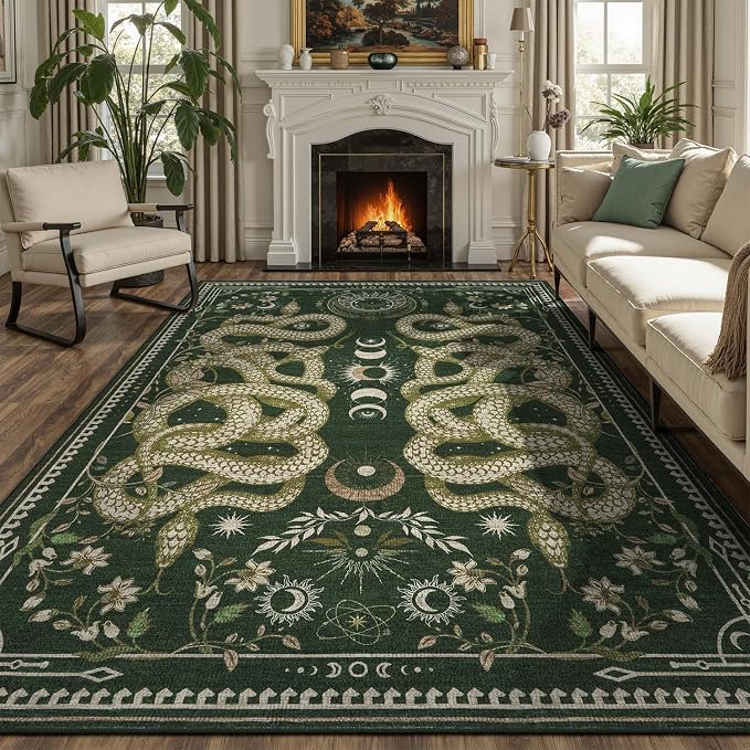 DCX 8x10 Washable Snake Rug for Living Room, Non Slip Low Pile Rug, Dark Green