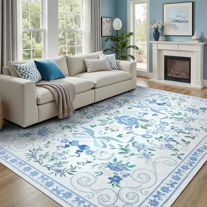 DCX Washable 5x7 Bow Rug, Blue Floral Rug for Girls’ Bedroom, Cute Soft Low Pile Indoor Décor Carpet, Kid & Pet Friendly Nursery Rug for Living Room, Dorm, Playroom