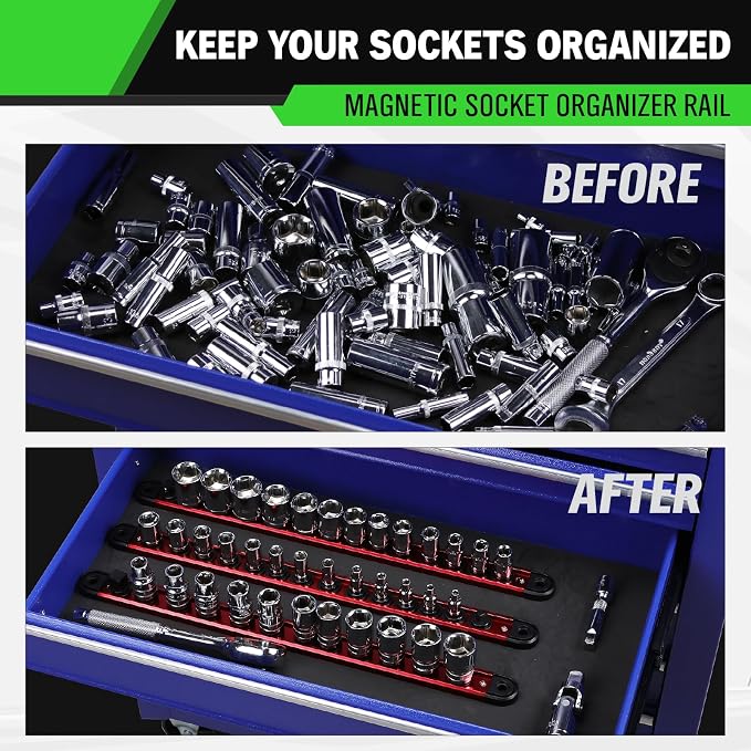 1/4-Inch Magnetic Socket Organizer Rail, Aluminum Alloy Socket Rail, Heavy Duty Sockets Holder with 14 Clips, 360° Swivel Clip Tool Tray, Sockets Organizer for Tool Box Drawer (Red)