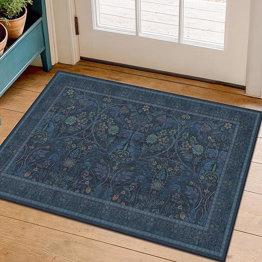 Blue Small 2x3 Entryway Rugs Indoor, Oriental Floral Kitchen Mats Non Slip, Thin Bathroom Rugs Fit Under Door, Low Pile & Soft Carpet for Mudroom, Bedroom Beside Bed