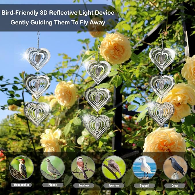 9 Pack Heart Shaped Mirror Reflective Hanging Wind Spinners, Stainless Steel 360° Swivel Decorative Discs, Weather Resistant Outdoor Ornaments for Yard, Patio, Balcony & Garden