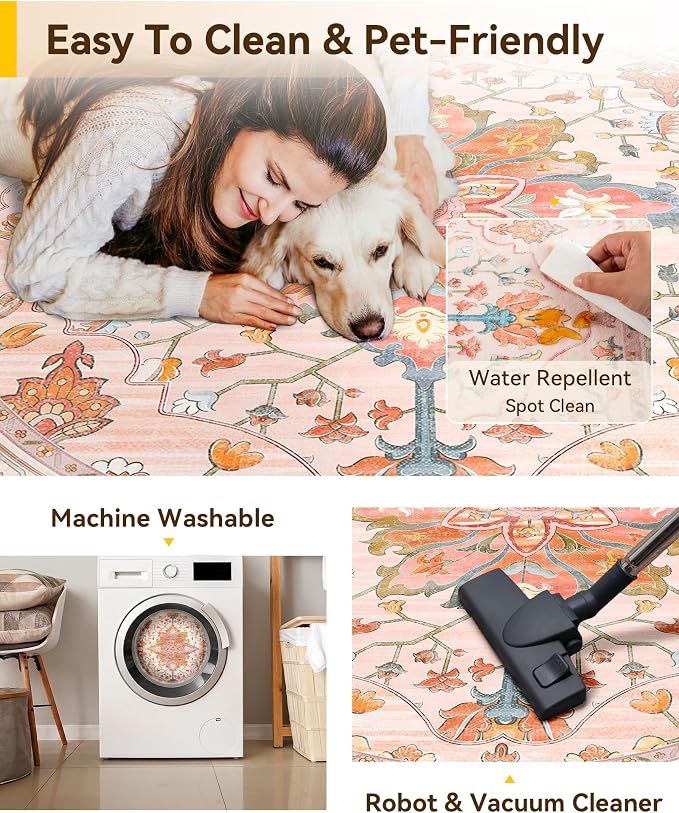 RELEANY Washable Area Rug, Round 10ft, Pink/Light Pink/Colorful | Non-Slip, Water Repellent, Pet Friendly, Easy to Clean, Vintage Floral Boho Decor for Living Room Bedroom Dining Room
