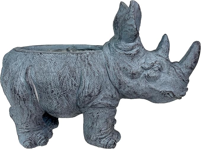 Zeckos Charming Grey Rhino MGO Planter with Drain Holes, 18.5 inches - Weather-Resistant Magnesium Oxide for Garden or Patio Decor - Unique Animal Theme Planter, Perfect for Indoor/Outdoor Use