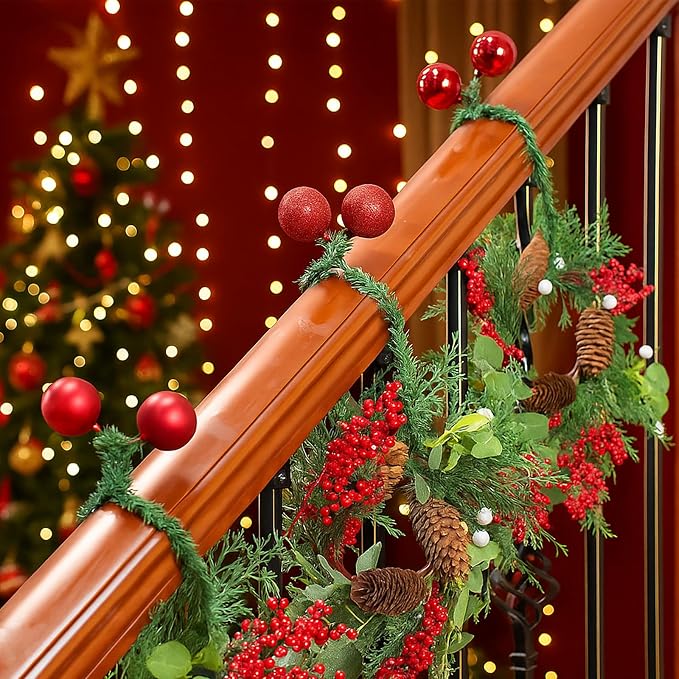Dingion 30 Pcs 20 Inches Christmas Garland Ties with Balls Decorative Twist Ties for Banister Stairs Railing Reusable Flexible Twist for Home Xmas Holiday Decor Gift Craft Wrapping(Red)