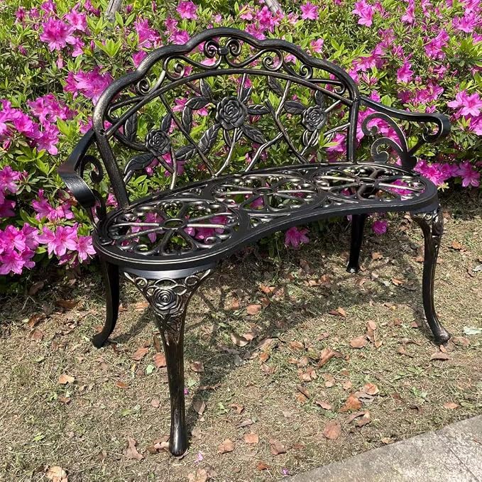 Mandolin Outdoor Park Garden Chair,All Chair Anti Rust Cast Aluminum Patio Yard Bench,Carved Rose Loveseat Bench for Backyard .Porch.Balcony.Lawn (Copper)