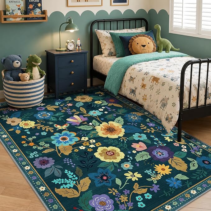 RELEANY Floral Washable 6x9 Area Rugs Teal/Purple | Flower Carpet, Print, Boho, Non-Slip, Easy to Clean, Soft, Low Pile for Living Room Bedroom Kitchen Office Entryway Hallway