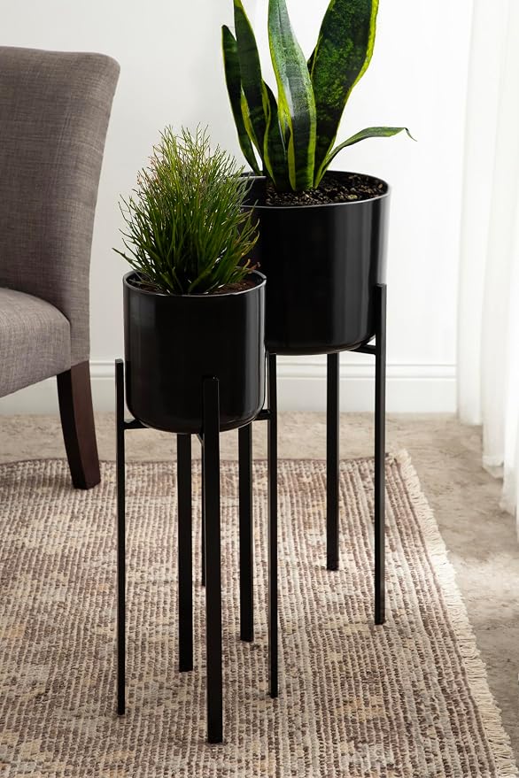Kate and Laurel Gabi Decorative Two-Piece Metal Planters; Set of 2; Black; Modern Metal Outdoor or Indoor Plant Stands for Use as Living Room Planters or Porch Plant Stands