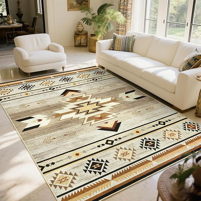 BENRON Western Area Rugs for Living Room Bedroom 5x7, Washable, Beige Brown | Non Slip Southwest aztec Rustic Rugs for Dining Table Kitchen Home Decor