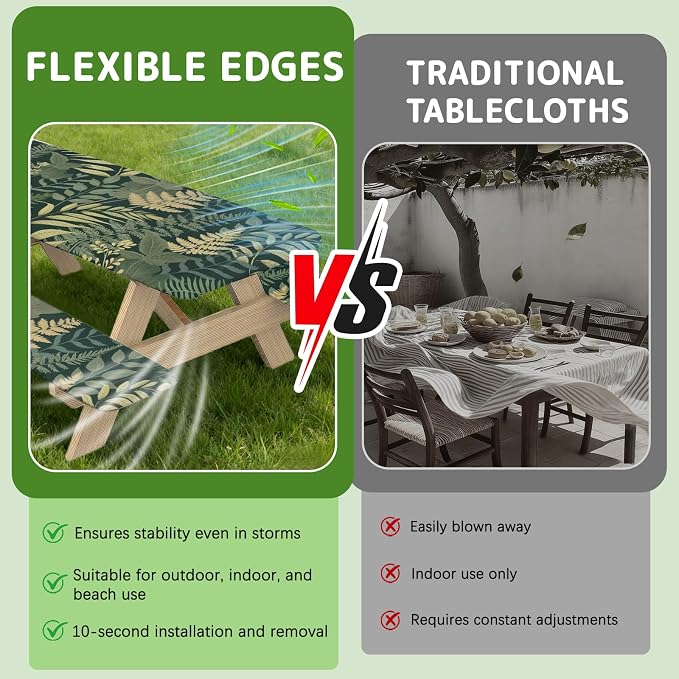 Picnic Table Cover with Bench Covers Elastic Edges, 3 Pcs Leaf View Fitted Table Cover with Drawstring Bag, Waterproof Windproof Aesthetic Camping Tablecloth, Outdoor Camping Essentials 72 Inch