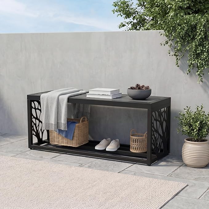 37" Outdoor Garden Bench with Storage Shelf, Modern Black Entryway Bench, Wood-Grain HDPE Seat, Galvanized Steel Frame with Powder Coating for Porch, Yard, Patio, Tree