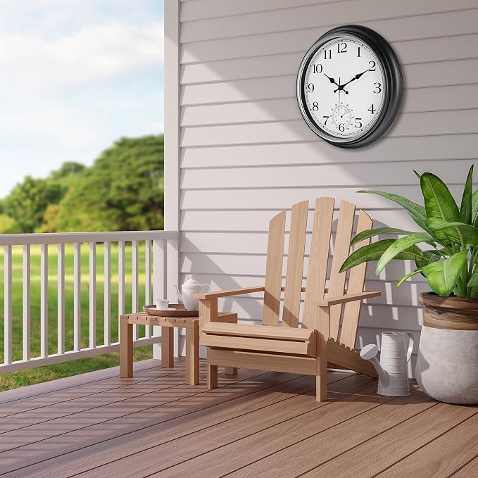 JoFomp Large Waterproof Outdoor Clock with Thermometer Combo - 16 inch Silent Non Ticking Quartz Battery Operated Wall Clock for Patio, Home, Pool, Garden, Porch, Deck (Silver, 16 Inch)