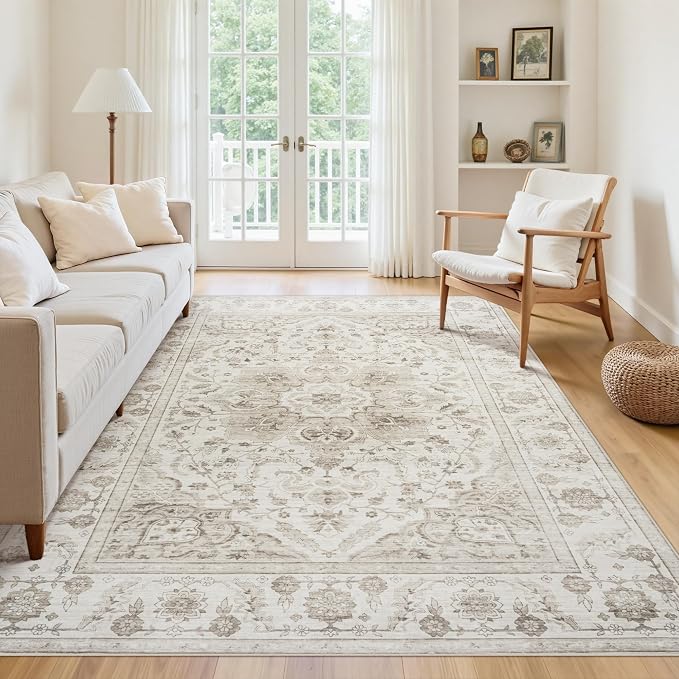 Washable 5x7 Area Rugs for Bedroom Beige White Non-Slip Rug | Vintage Medallion Rug，Soft Low Pile Large Rugs，Indoor Retro Carpet for Bedroom Nursery Dining Table Farmhouse Home Office