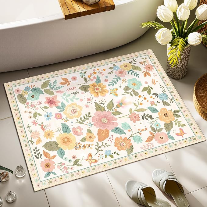 RELEANY Floral Washable 2x3 Area Rugs Doormat Beige/White/Orange | Flower Carpet, Print, Boho, Non-Slip, Easy to Clean, Soft, Low Pile for Living Room Bedroom Kitchen Office Entryway Hallway