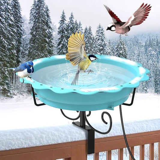 Heated Bird Baths for Outdoors, 100W Heated Bird Bath for Deck Railing, Heated Birdbath with Thermostat Control, Heated Bird Bath for Outside Winter Garden Patio Yard (Blue)