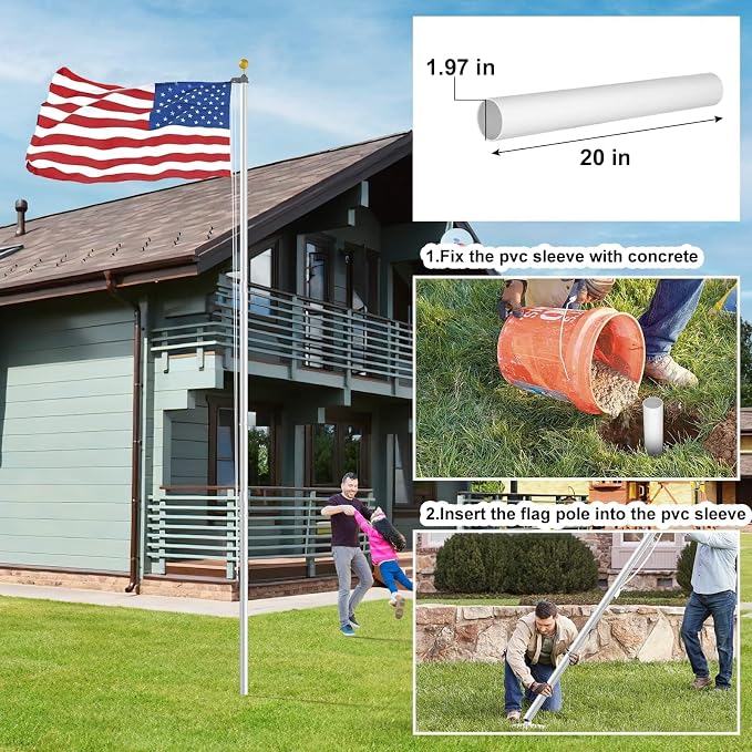 Flag Pole for Outside House, 20 FT Heavy Duty 45K PSI & 95 HBW Hard Aerospace Aluminum Flagpole Kit, Unbending Outdoor In-Ground Flag Poles with 3x5 American Flag for Yard, Residential or Commercial