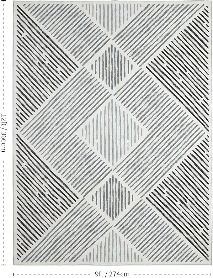9‘x12' Washable Black and White Modern Area Rug for Living Room | Non-Slip, Low Pile, Stain Resistant, Black Geometric Stripe Large Rug for Bedroom Dining Room