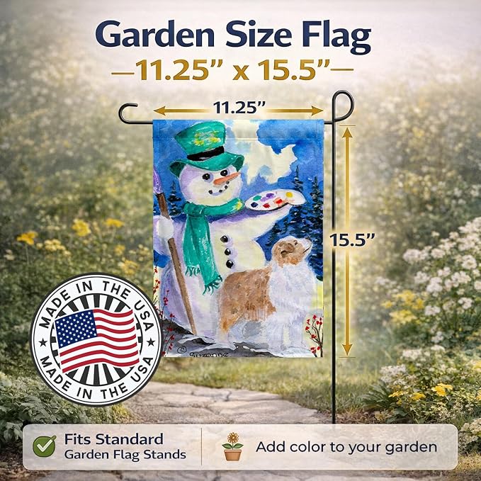 Caroline's Treasures SS8996GF Snowman with Australian Shepherd Garden Flag Mailbox Flag Decorative Yard Flag Banner Outside Patio Artwork Yard Flower Beds, Garden Size, Multicolor