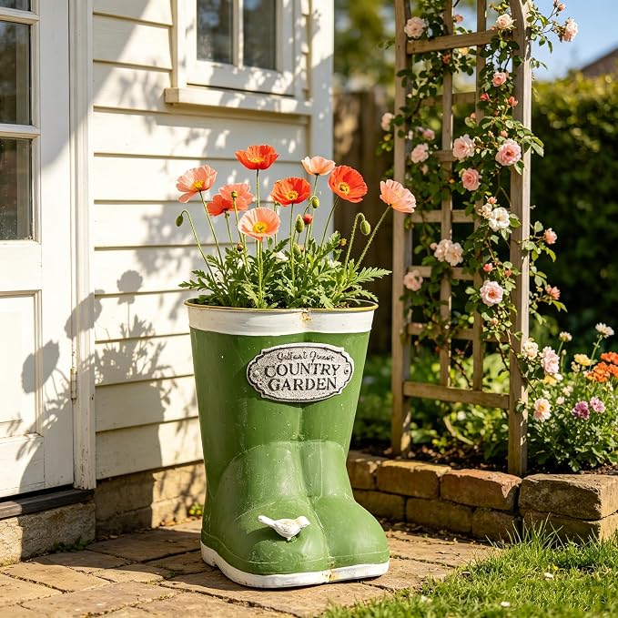 Vintage Green Rain Boot Planter, Country Garden Metal Boot Flower Pot, Rustic Farmhouse Decorative Planter for Indoor Outdoor Succulents, Herbs, Garden & Porch Decor