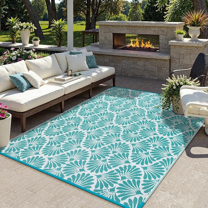 Lahome Outdoor Rugs for Picnic Camping 6x9, Blue Plastic Straw Reversible Rv Beach Rug, Waterproof Lightweight Outdoor Carpet for Pool Beach Balcony Tent Patio Deck, Teal 6'x9'