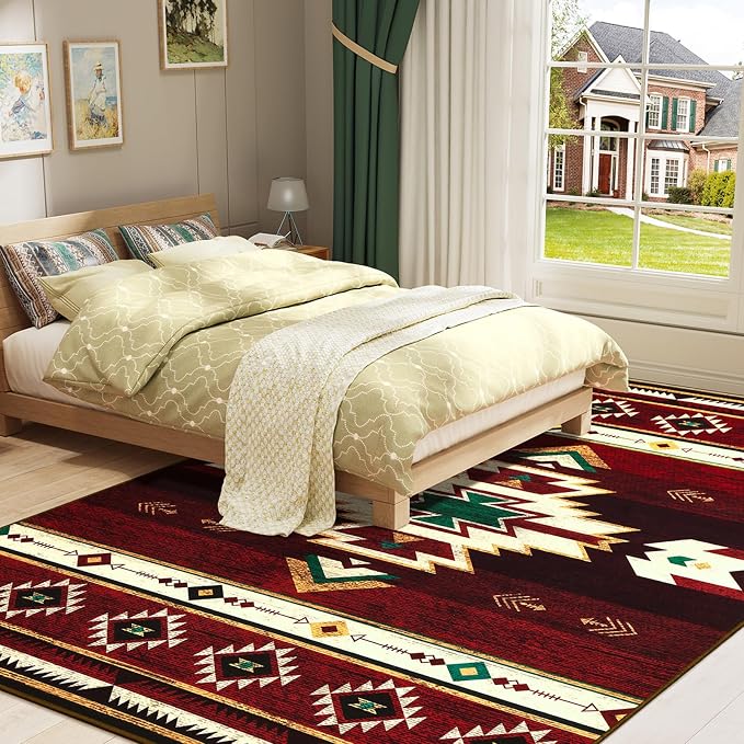 BENRON Western Rugs for Living Room Bedroom 5x7, Non Slip Area Rugs, Red | Southwest aztec Rustic Rugs for Dining Table Kitchen Home Decor, Washable
