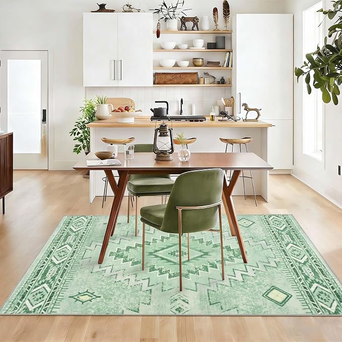 Yinhua Sage Green Entryway Rug 3x5, Western Washable Area Rug Non Slip | Navajo Geometric Rugs Low Pile, Non Shedding Small Carpet for Bedroom Entrance Living Room