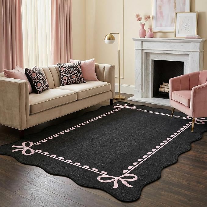 GarveeHome Scalloped Bow Rug 3x5 Washable Rug for Living Room, Black Pink | Non Slip Soft Low Pile Indoor Carpet for Nursery Girls Bedroom Decor Hallway Kids Room College Dorm Playroom