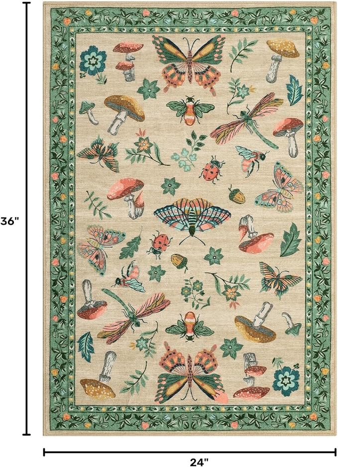 Mushroom Small Rug 2x3 Washable Door Mat Indoor Rugs for Entryway Non-Slip Soft Ultra-Thin Stain Resistant Foldable Rugs Kitchen Bedroom Living Room Khaki Green
