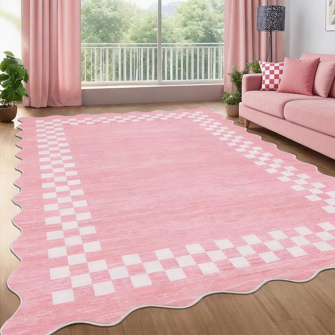 GarveeHome 8x10 Rug for Living Room Scalloped Washable Large Bedroom Rugs | Non Slip Stain Resistant Modern Border Dining Room Throw Carpet Scalloped Neutral Rug for Home Decor Office Nursery, Pink