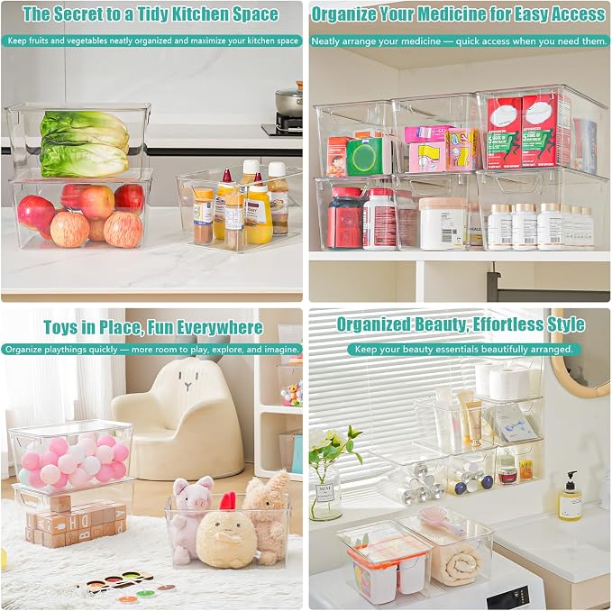 6 Pack Large Clear Storage Bins with Lids, Acrylic Arts and Craft Storage Containers, Stackable Clear Plastic Craft Storage Bins with Handles for Pantry Organizers and Storage, Kitchen, Fridge, Office