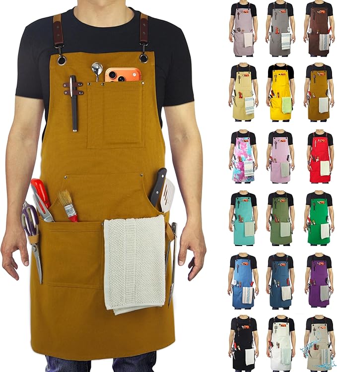 Kitchen Apron, Work Apron, Canvas Apron, Khaki | Multiple Pockets, Gardening, Painting, BBQ, Artist, Carpenter, Sizes M to XXL
