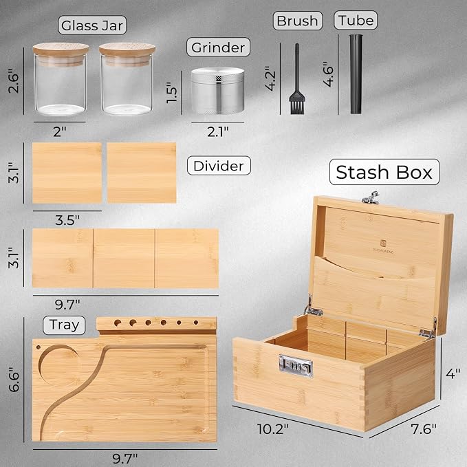 GLENCREAG Stash Box with Rolling Tray, Smell Proof Large Bamboo Storage Box with Lock, Decorative Box Set Includes Glass Jars & Grinder, Gift for Men Women