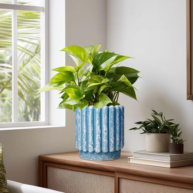 Ceramicfor Ceramic Planter, 7.6 Inch, Blue | Drainage Hole, Fluted Round Design, Indoor Outdoor Use, Decorative Flower Pot