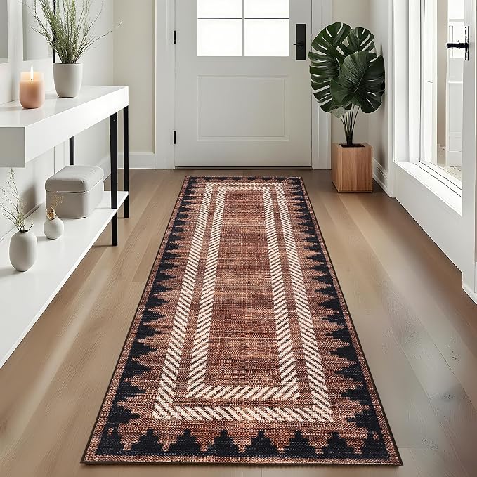GarveeHome Modern Geometric Runner Rug 2x6 Washable Hallway Runner Rugs Brown Unique Bordered Neutral Bathroom Rug Non Slip, Non Shedding Kitchen Mat, Soft Low Pile Neutral Carpet for Laundry