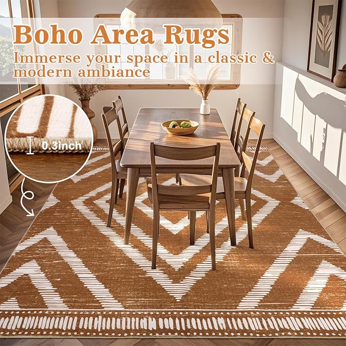 Boho Washable Area Rugs 6x9ft, Moroccan Soft Brown Living Room Nursery Rugs Non Slip, Low Pile Large Bedroom Floor Carpets for Dining Room Bathroom Office Farmhouse