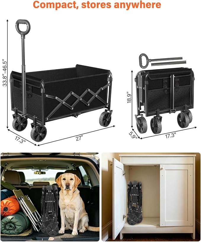 Folding Wagon Cart with All-Terrain Wheels – Heavy Duty Collapsible Utility Wagon for Grocery, Sports, Garden, Camping, Shopping (Black 330LBS)