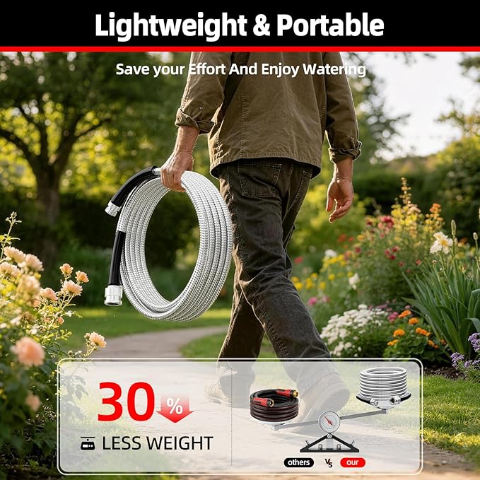 SPECILITE Stainless Steel Garden Water Hose 100 FT, Heavy Duty Metal Hose with Upgraded Reinforced 3/4" Female to Male Aluminium Fittings, Flexible & Lightweight Water Pipe for Reel, Yard, Outdoor