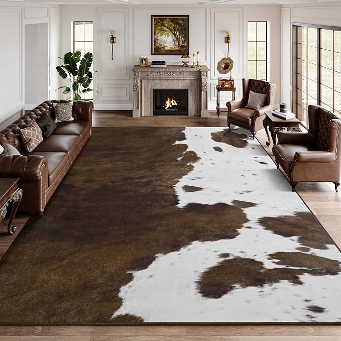 DweIke Cow Print Rug – 4x6 Faux Cowhide Carpet, Washable Soft Non-Slip Stain Resistant Animal Cow Hide Rugs for Living Room Bedroom Dining Room Office, Western Home Decor, Brown