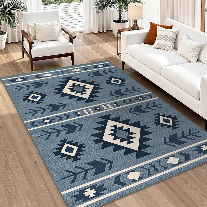 Area Rug 6x9 Western Rug Living Room Southwestern Aztec Tribal Rugs Southwest Navajo Machine Washable Non-Slip Printed Low-Pile Floor Carpet for Bedroom Dining Room Office, Blue