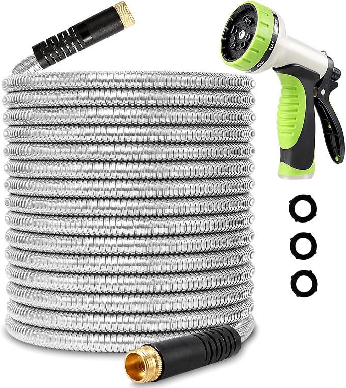 Flexible Metal Garden Hose 25ft-Heavy Duty Water Hose with Durable 304 Stainless Steel and 10 Way Spray Nozzle-Strong 3/4'' Solid Brass Fitting-Outdoor Yard No Kink Lightweight Short Hose Pipe