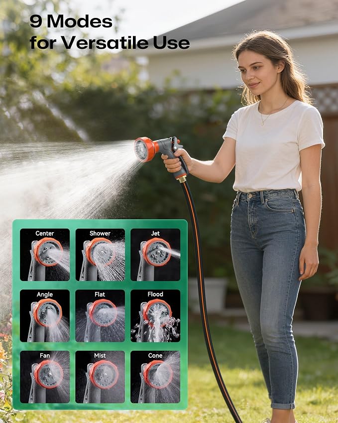 Retractable Garden Hose Reel 5/8"x100ft, 3-Ply Reinforced water hose reel, Any Length Lock, Heavy-Duty Rust Prevention Metal Mount, Brass Fitting, 9 Spray Nozzle for Lawn & Gardening