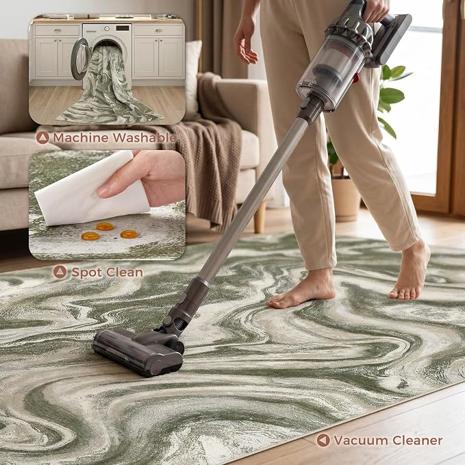 DMOYEST 6x9 Area Rug for Living Room Washable Abstract Indoor Carpet | Neutral Modern Low Pile Rugs Kid & Pet Friendly Soft Thin Carpet for Bedroom Dining Room and Office - Olive Green
