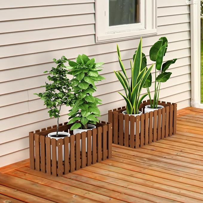 Furinno TIOMAN Planter Box, Hardwood Slat Style Flower Box, Rectangular Garden Box, in Teak Oil, Indoor, Outdoor, Patio, Garden, Balcony, Light Wood