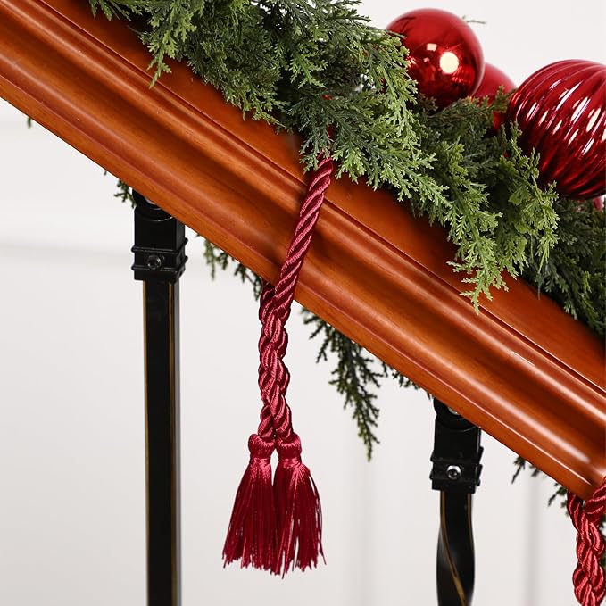 Dingion 20 Pcs Christmas Garland Decorative Banister Ties with Tassel 25.2 Inches Christmas Reusable Twist Ties for Garland Fireplace Staircase Banister Home Xmas Holiday Decorations(Burgundy)
