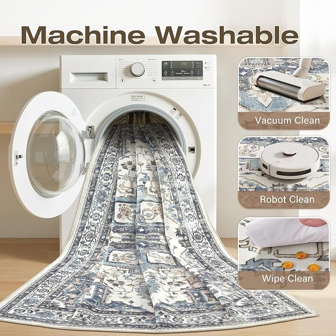 Vintage Washable 9x12 Area Rug for Living Room, Vintage Blue | Soft Low Pile Rug with Non-Slip Backing, Stain Resistant for Bedroom or Dining Room, Kid & Pet Friendly